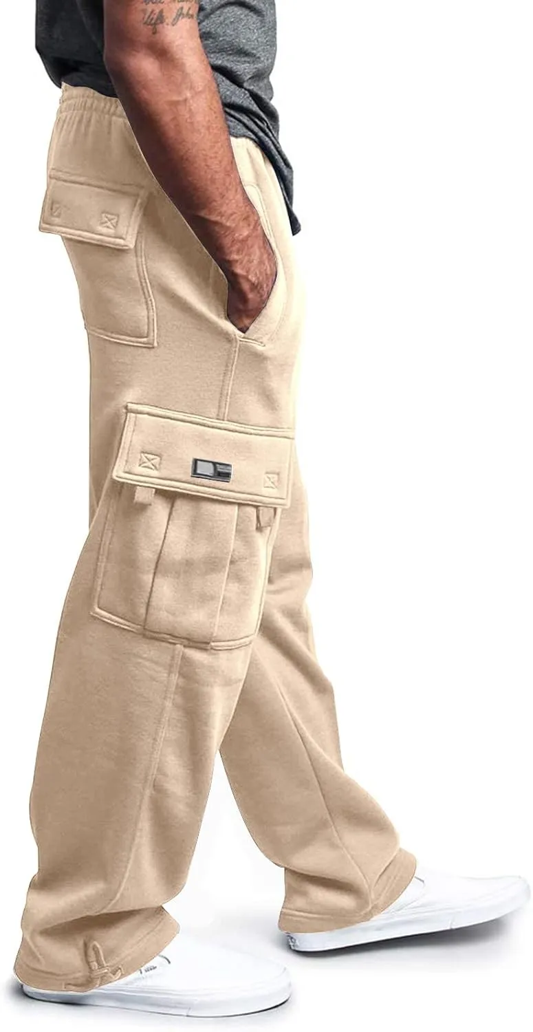 2024 Men's Heavyweight Fleece Cargo Sweatpants Stylish Stretch Elastic Waist Trousers Drawstring Loose Joggers Pants