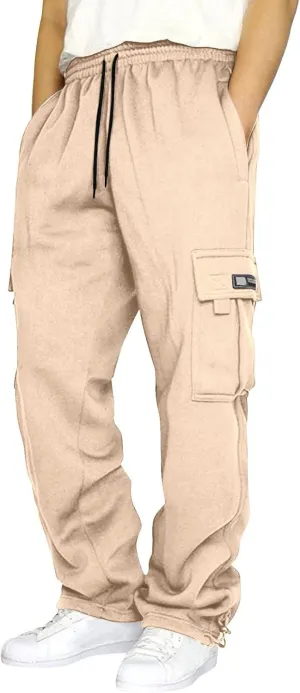 2024 Men's Heavyweight Fleece Cargo Sweatpants Stylish Stretch Elastic Waist Trousers Drawstring Loose Joggers Pants