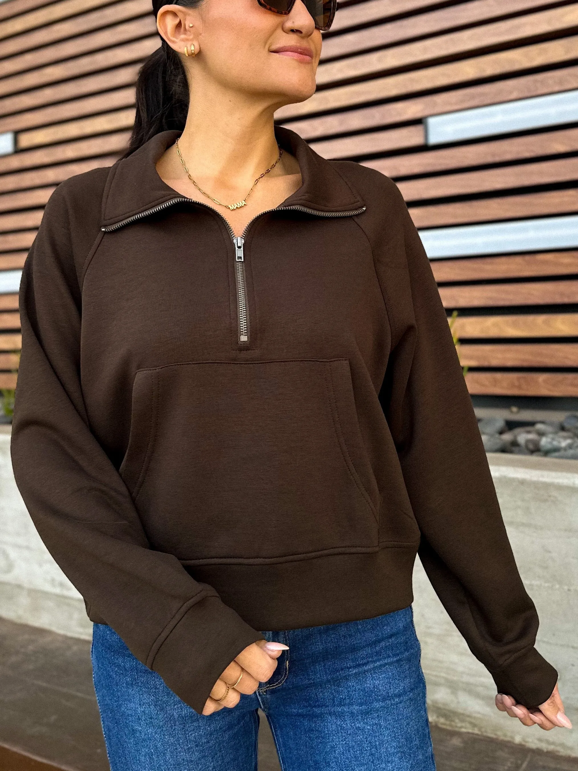 Buttery Soft Zip-Up Collar Pullover - Chocolate