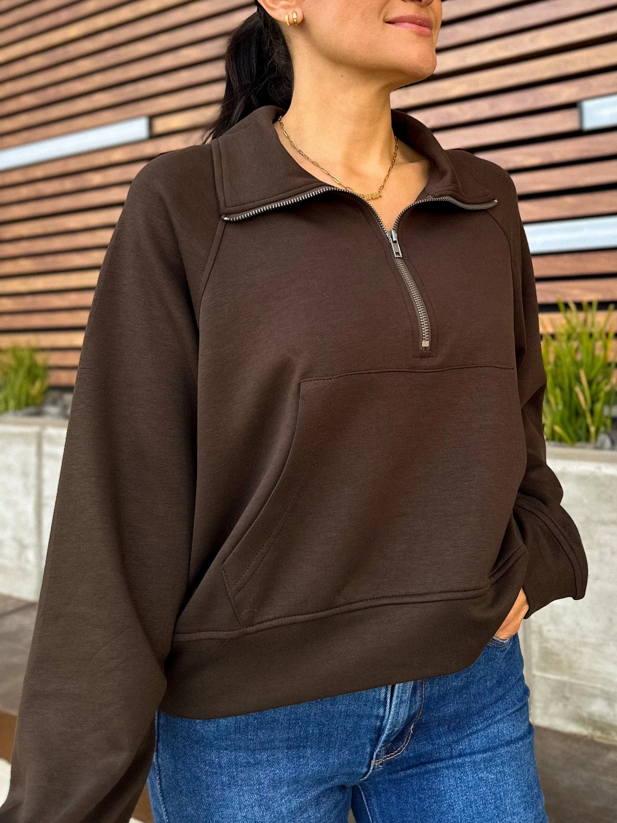 Buttery Soft Zip-Up Collar Pullover - Chocolate