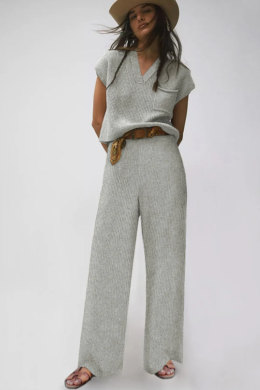 Charcoal Knit V-Neck Sweater and Relaxed Pants Set