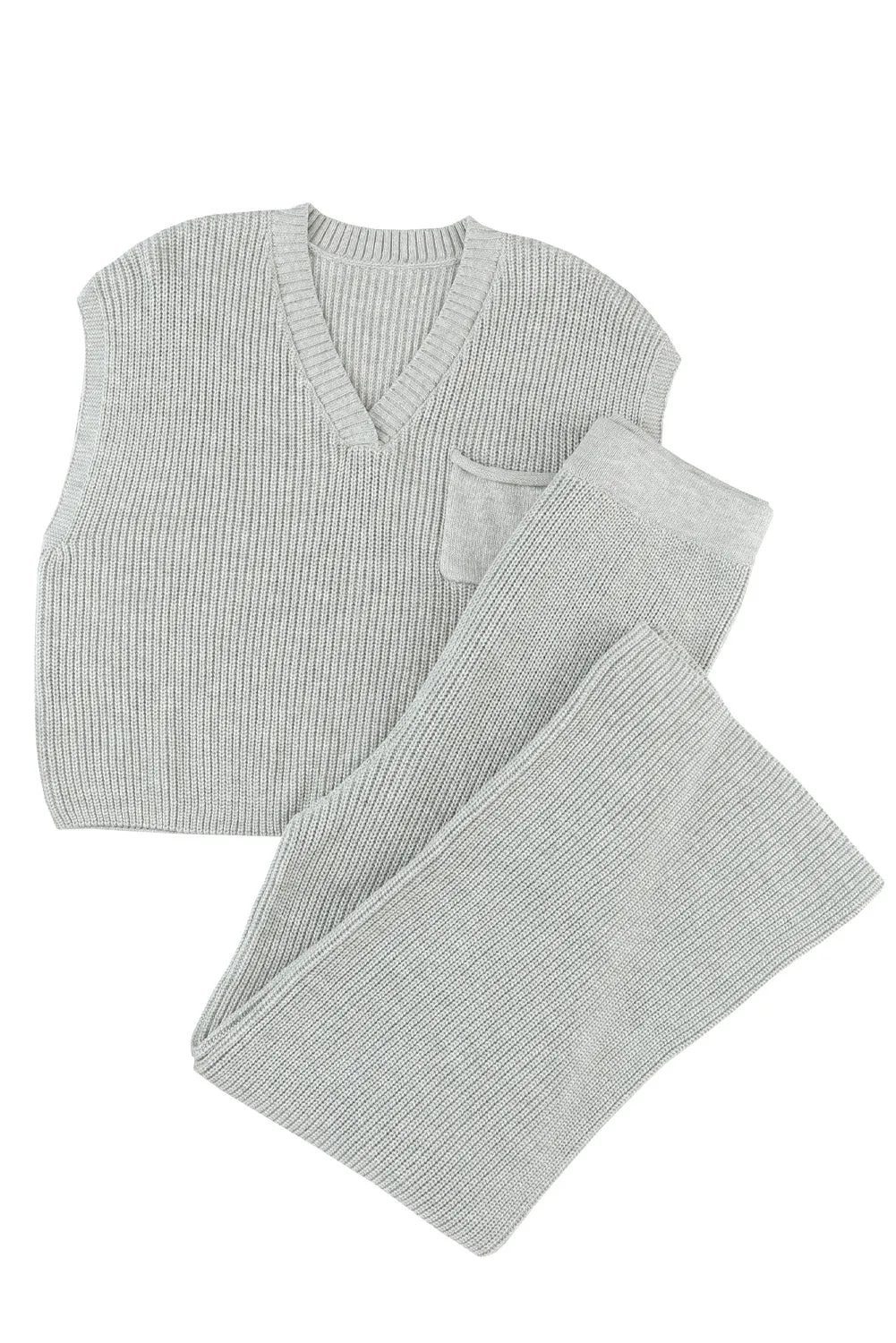 Charcoal Knit V-Neck Sweater and Relaxed Pants Set