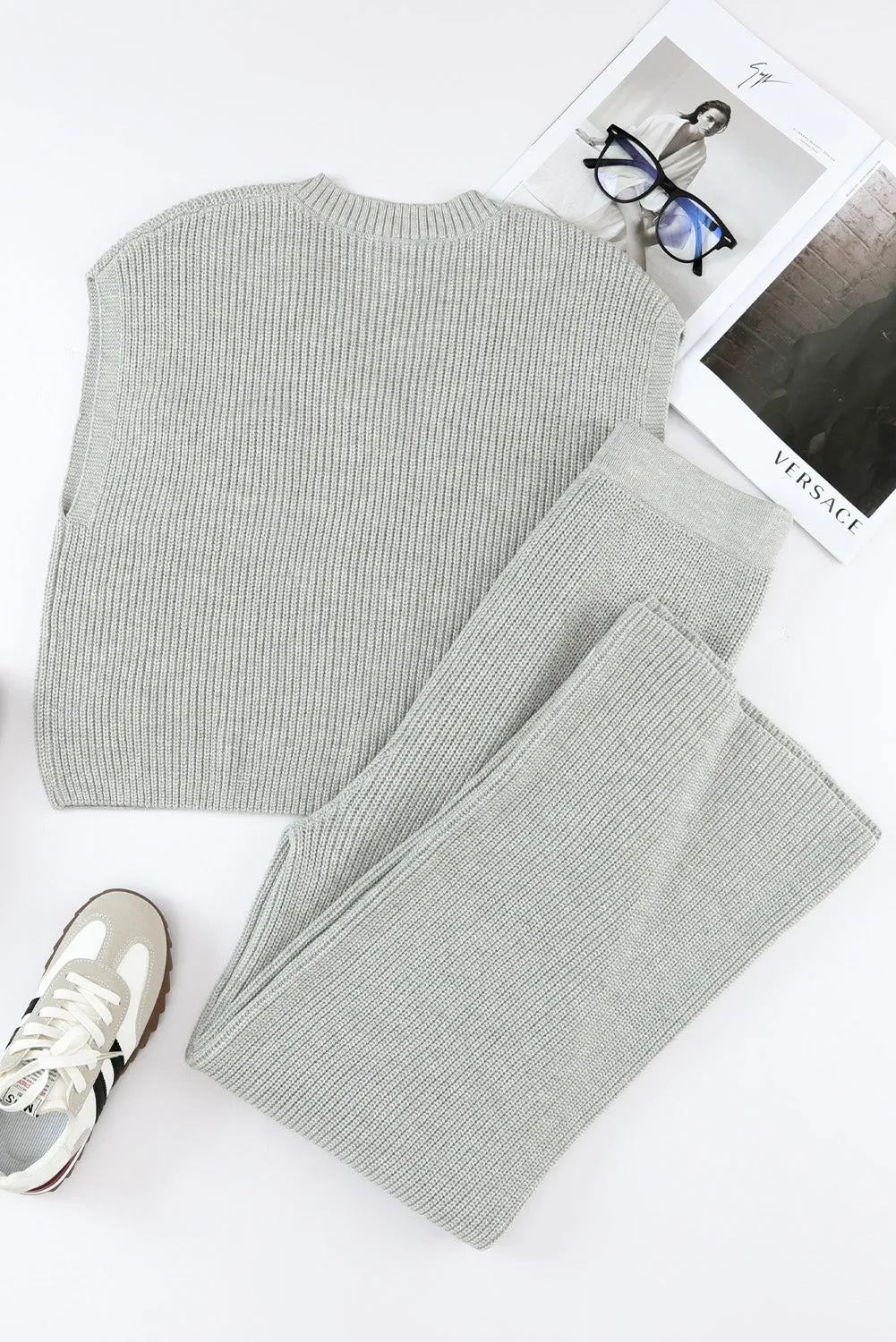 Charcoal Knit V-Neck Sweater and Relaxed Pants Set