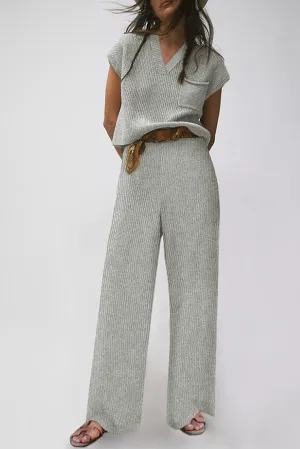 Charcoal Knit V-Neck Sweater and Relaxed Pants Set