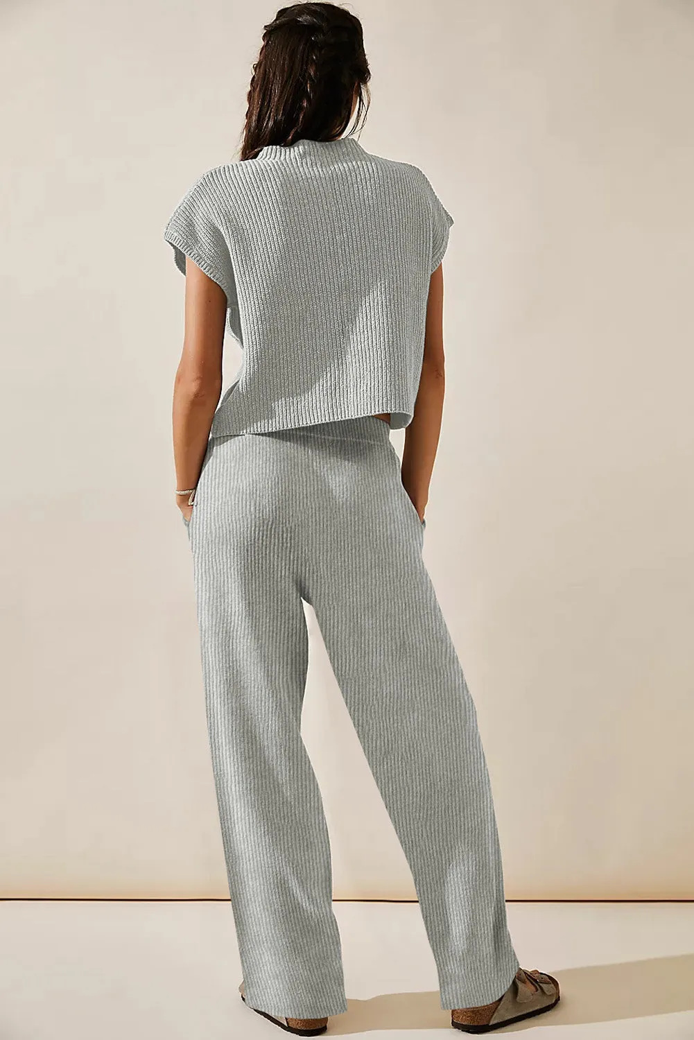 Charcoal Knit V-Neck Sweater and Relaxed Pants Set