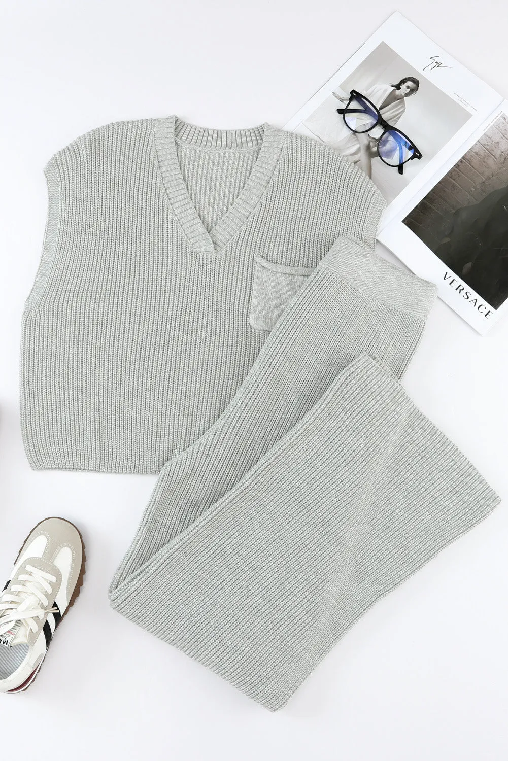 Charcoal Knit V-Neck Sweater and Relaxed Pants Set