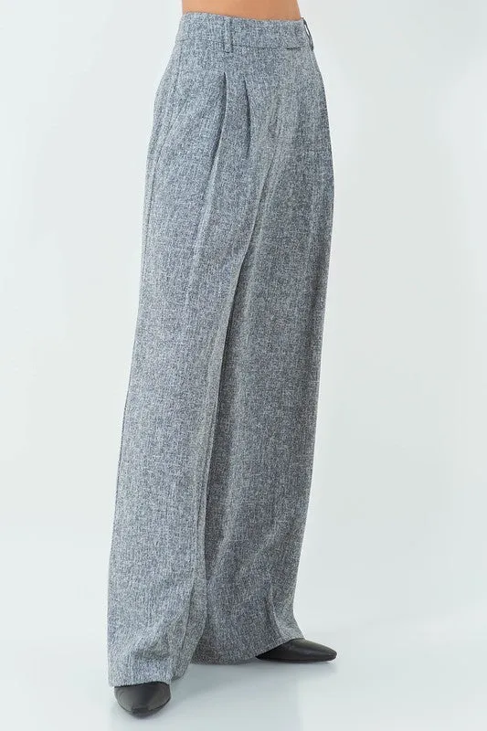 Chicness Tweed Style Wide Leg Pleated Pants