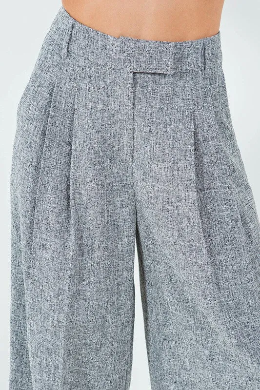 Chicness Tweed Style Wide Leg Pleated Pants