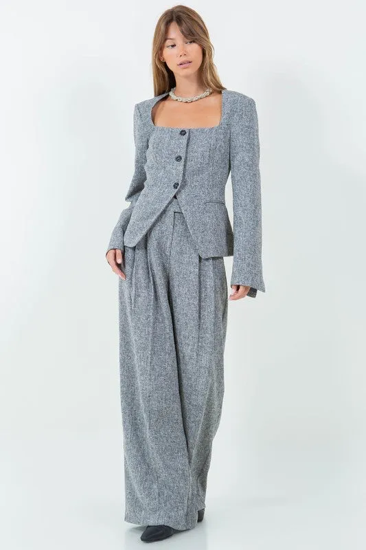 Chicness Tweed Style Wide Leg Pleated Pants