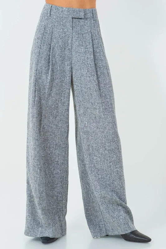 Chicness Tweed Style Wide Leg Pleated Pants