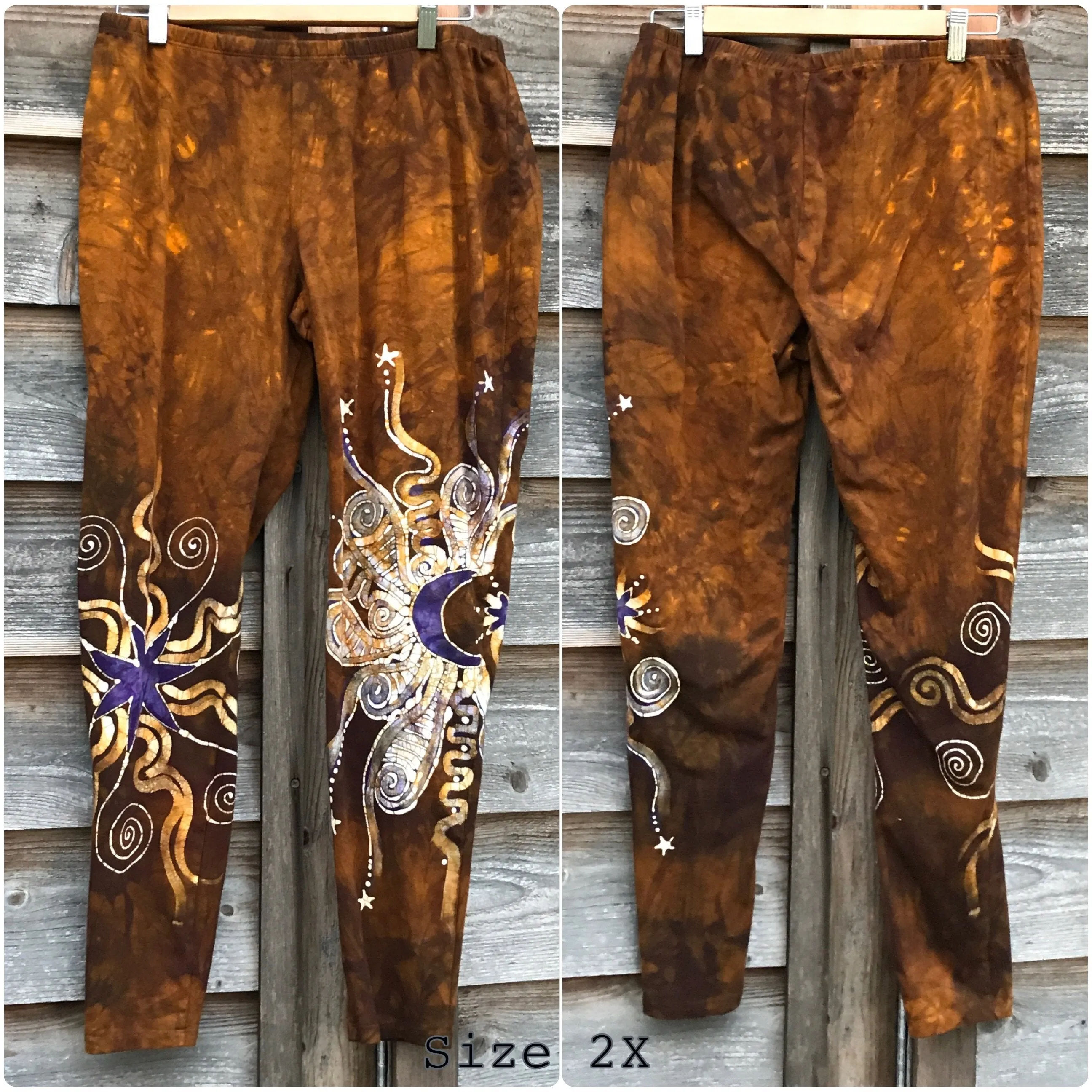 Dark Gold and Purple Sun Stars Batikwalla Leggings