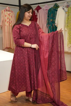 Deep Crimson Cotton Anarkali Set