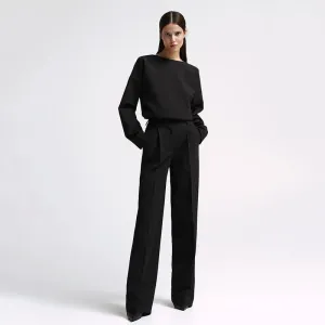 Elegant Two-Piece Office Suit with Long Sleeve Top and Wide-Leg Pants