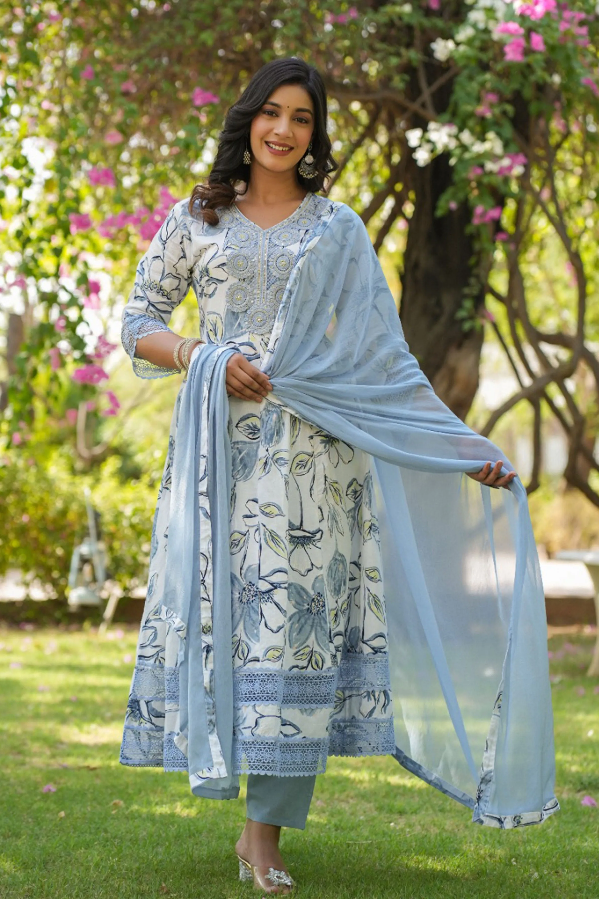 Ice Blue Floral Anarkali Suit Set