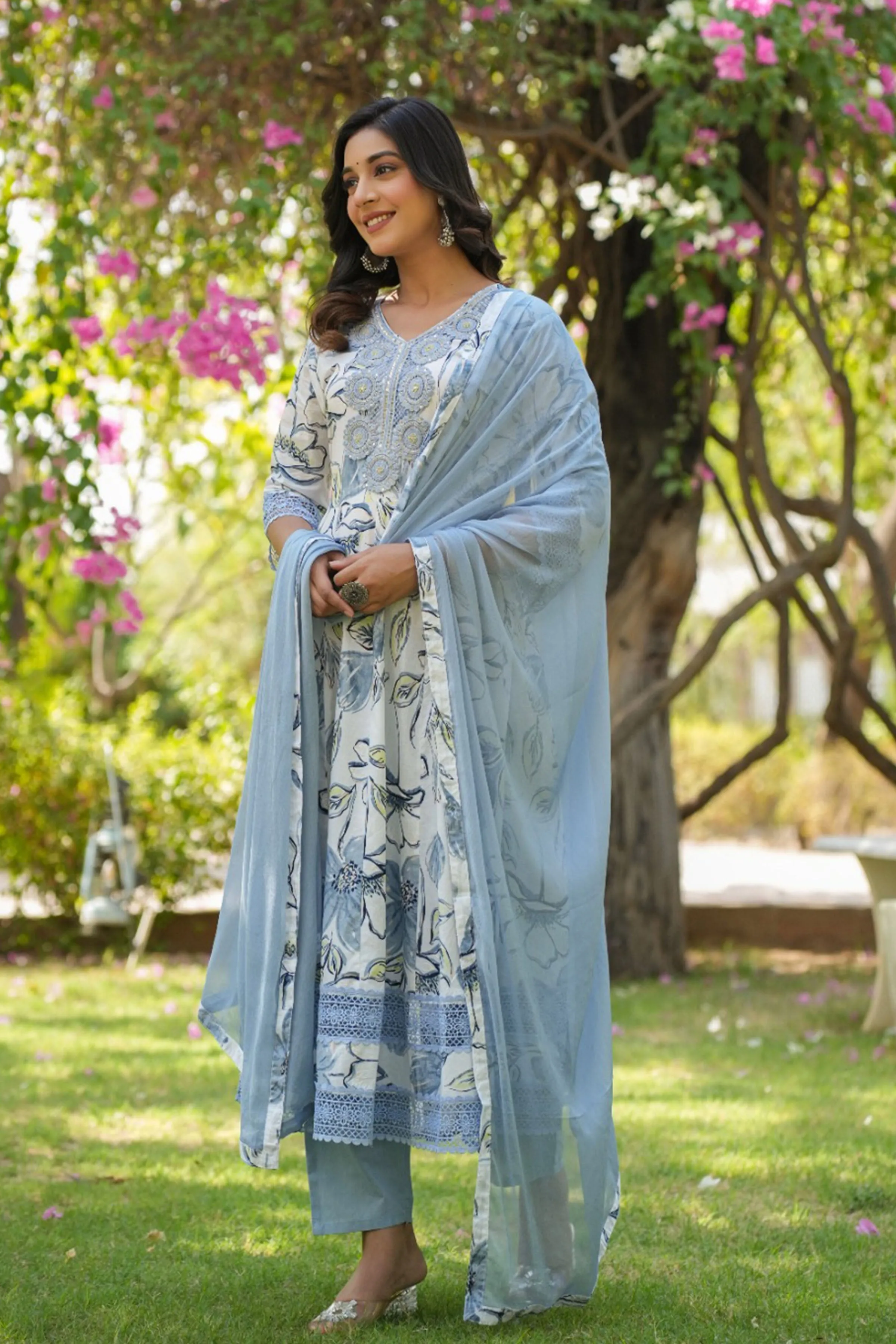 Ice Blue Floral Anarkali Suit Set