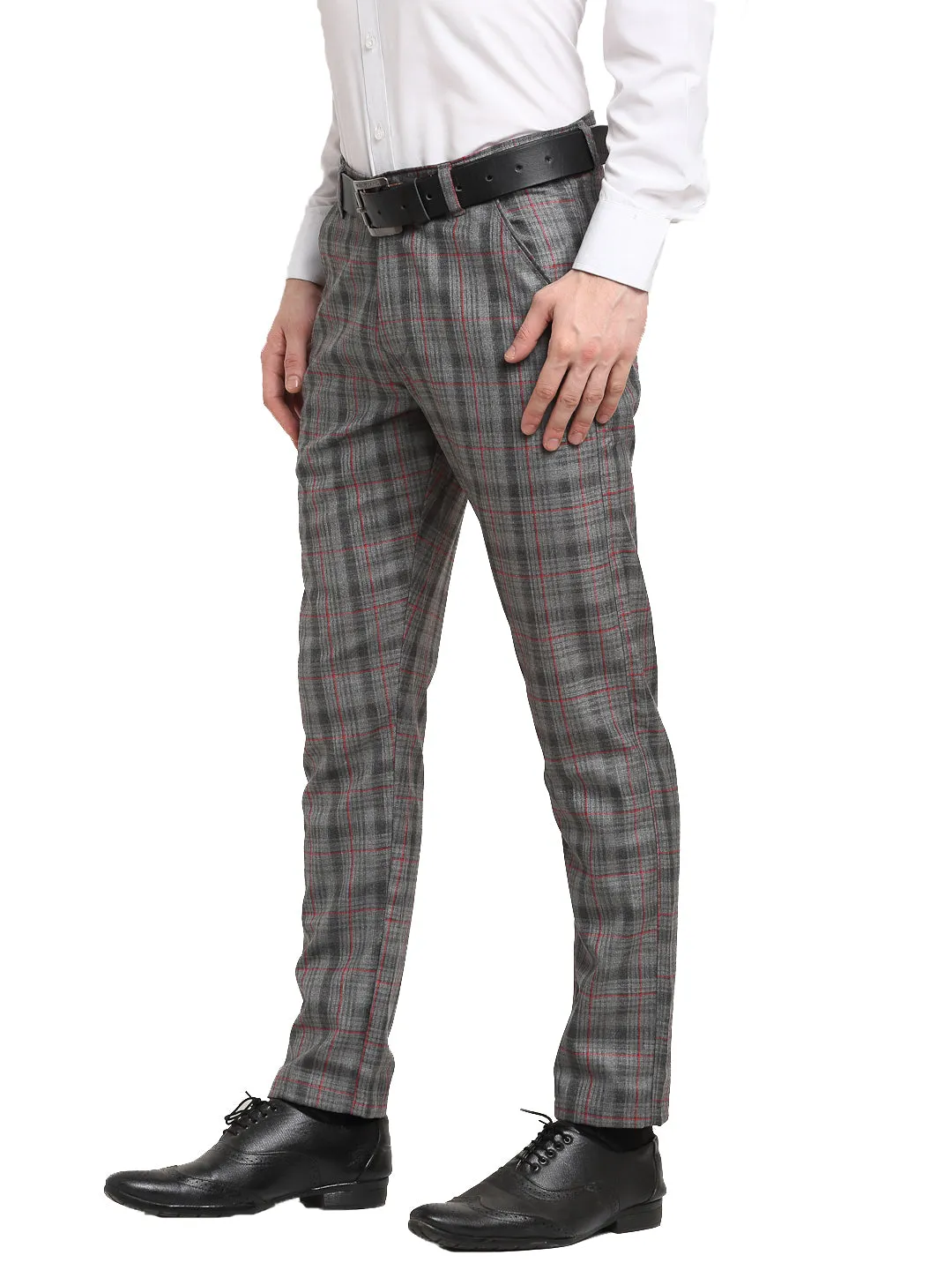 Jashvi Men's Grey Cotton Checked Formal Trousers