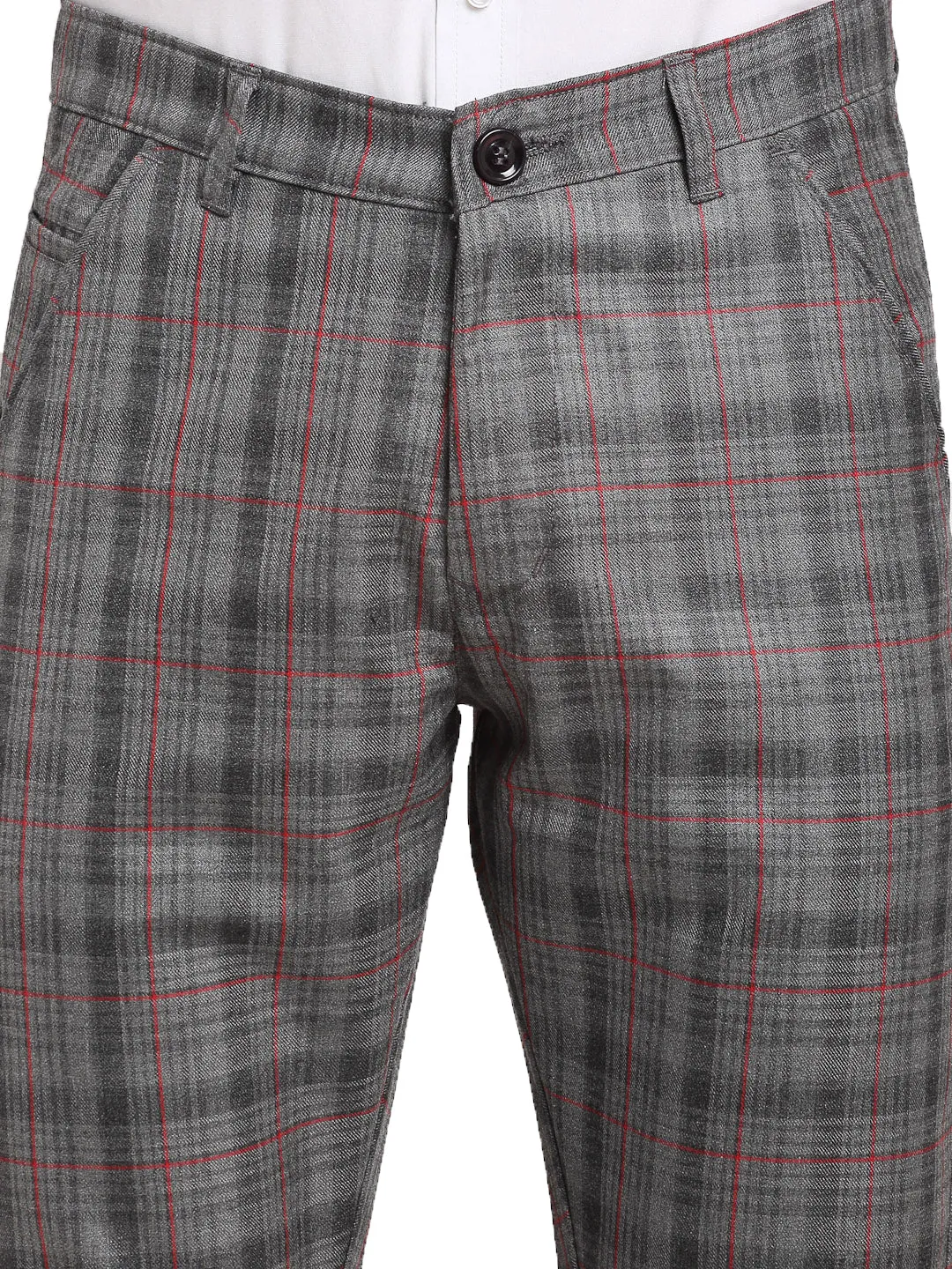 Jashvi Men's Grey Cotton Checked Formal Trousers