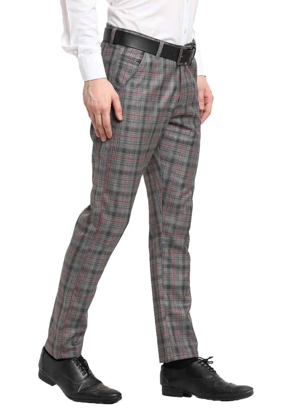 Jashvi Men's Grey Cotton Checked Formal Trousers