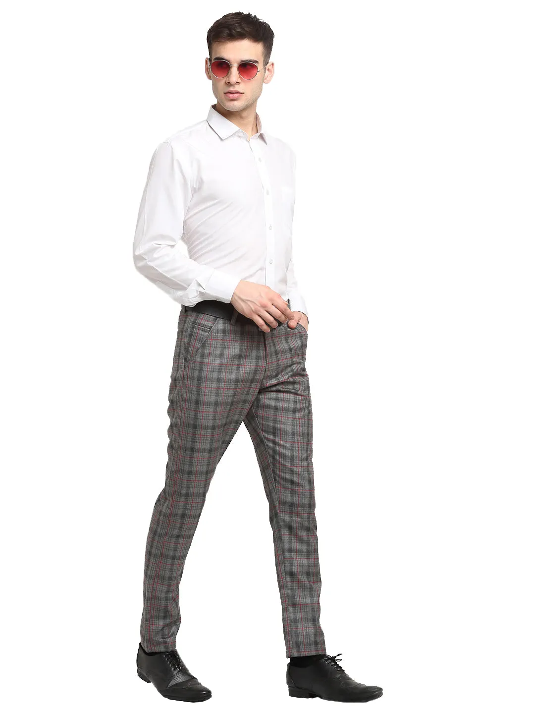 Jashvi Men's Grey Cotton Checked Formal Trousers