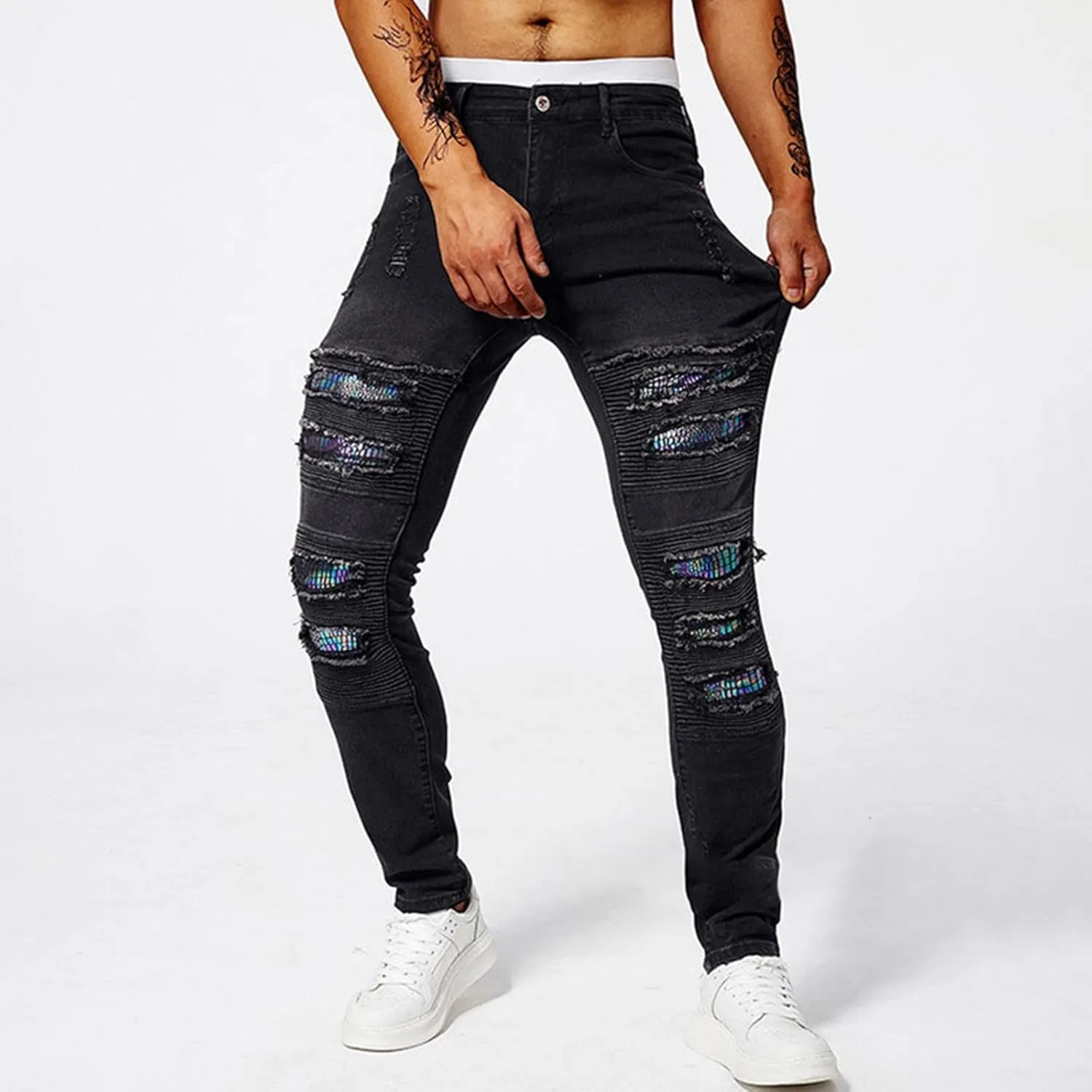Jeans Pants for Men's 2025 Fashion Solid Color Ripped Denim Cargo Trouser Stretch Slim Fit Comfy Sweatpant