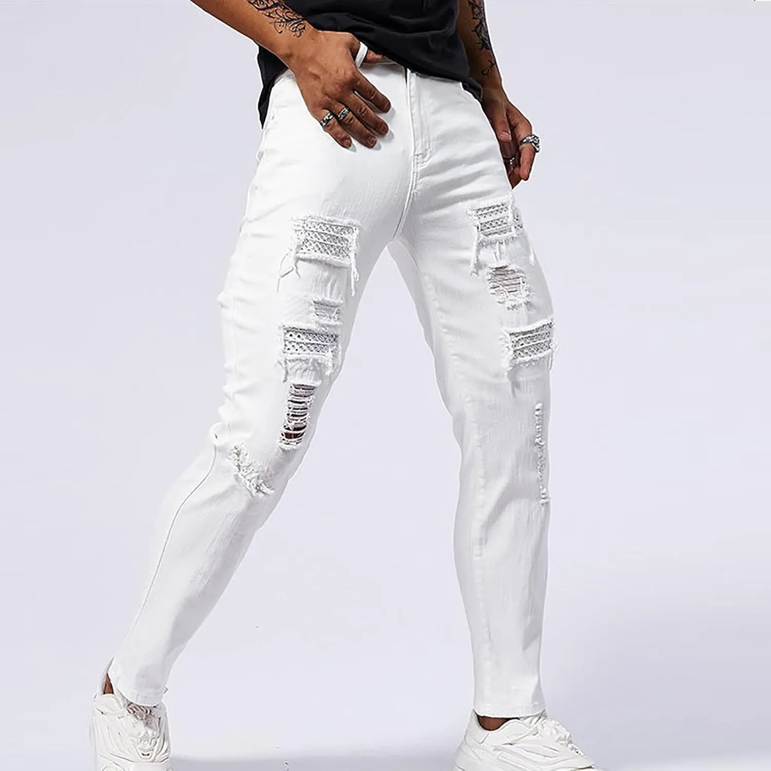 Jeans Pants for Men's 2025 Fashion Solid Color Ripped Denim Cargo Trouser Stretch Slim Fit Comfy Sweatpant