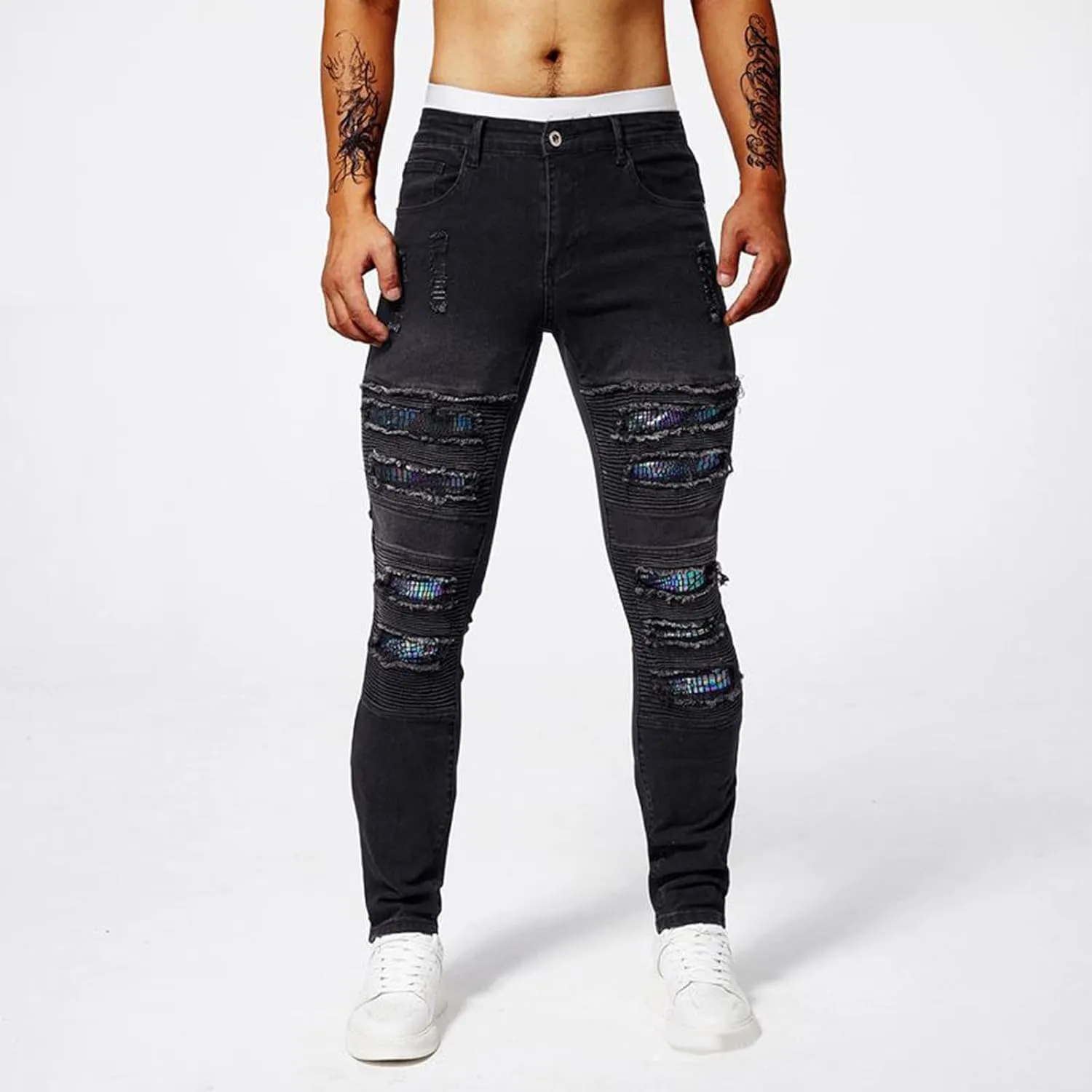 Jeans Pants for Men's 2025 Fashion Solid Color Ripped Denim Cargo Trouser Stretch Slim Fit Comfy Sweatpant