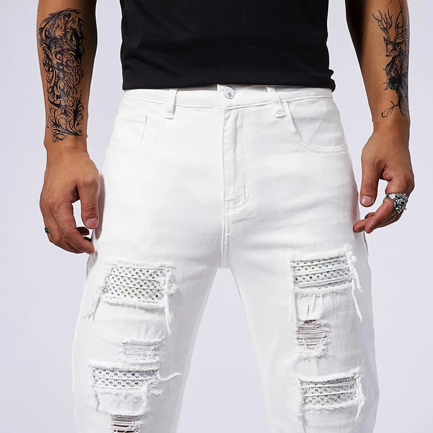 Jeans Pants for Men's 2025 Fashion Solid Color Ripped Denim Cargo Trouser Stretch Slim Fit Comfy Sweatpant