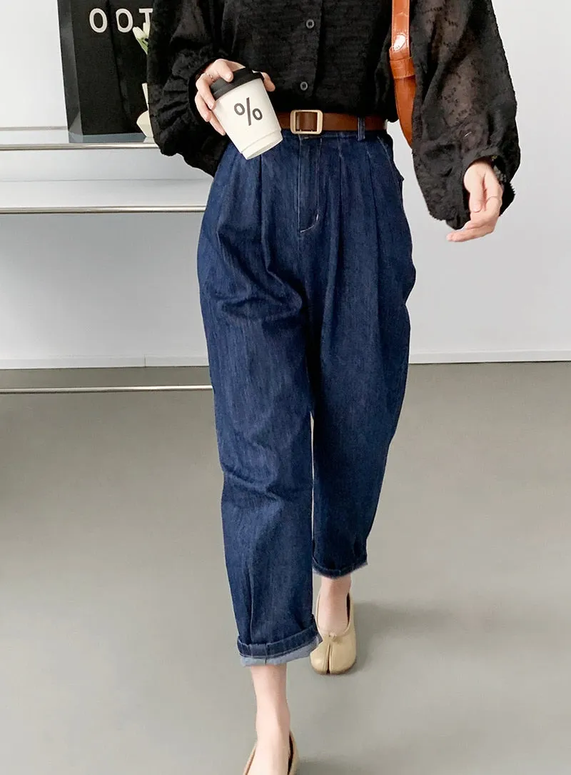 [Korean Style] High Rise Relaxed Fit Cinch Waist Denim Pants