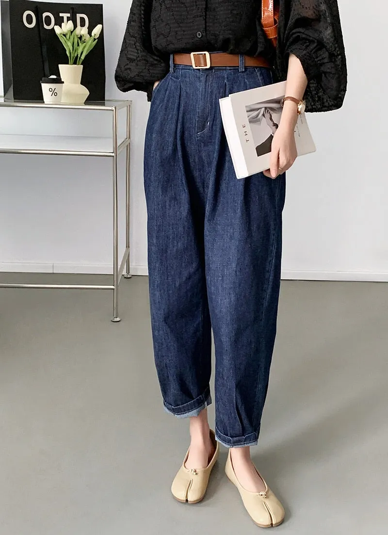 [Korean Style] High Rise Relaxed Fit Cinch Waist Denim Pants