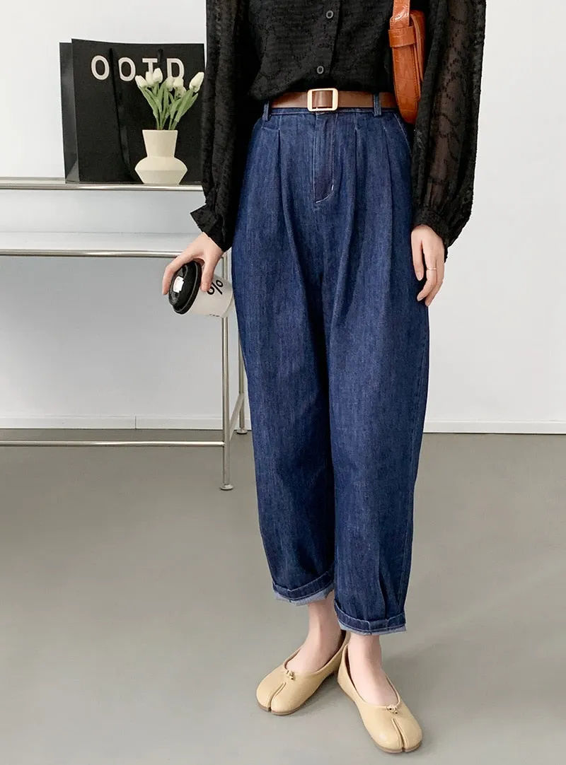 [Korean Style] High Rise Relaxed Fit Cinch Waist Denim Pants