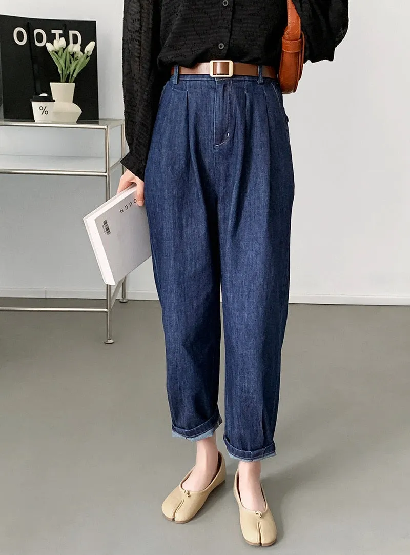 [Korean Style] High Rise Relaxed Fit Cinch Waist Denim Pants