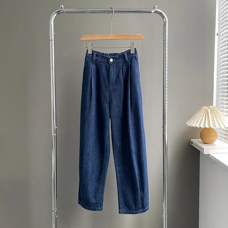 [Korean Style] High Rise Relaxed Fit Cinch Waist Denim Pants
