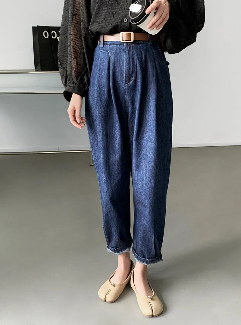 [Korean Style] High Rise Relaxed Fit Cinch Waist Denim Pants