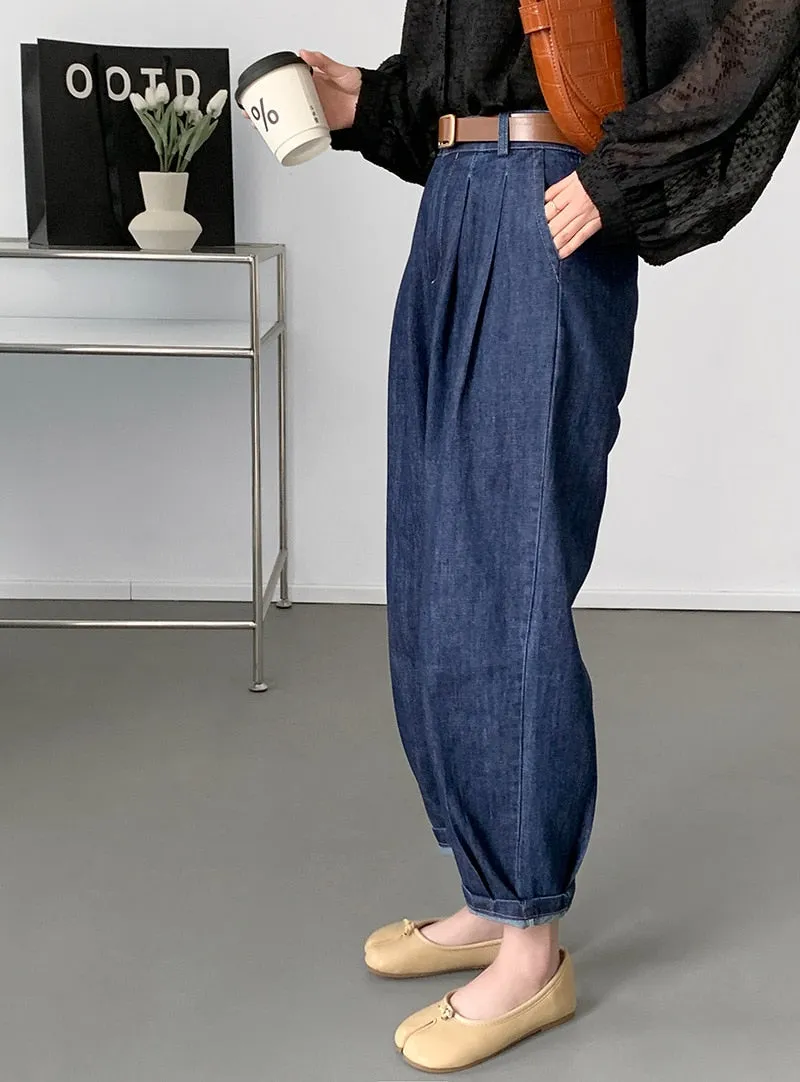 [Korean Style] High Rise Relaxed Fit Cinch Waist Denim Pants