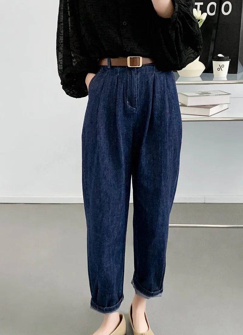 [Korean Style] High Rise Relaxed Fit Cinch Waist Denim Pants