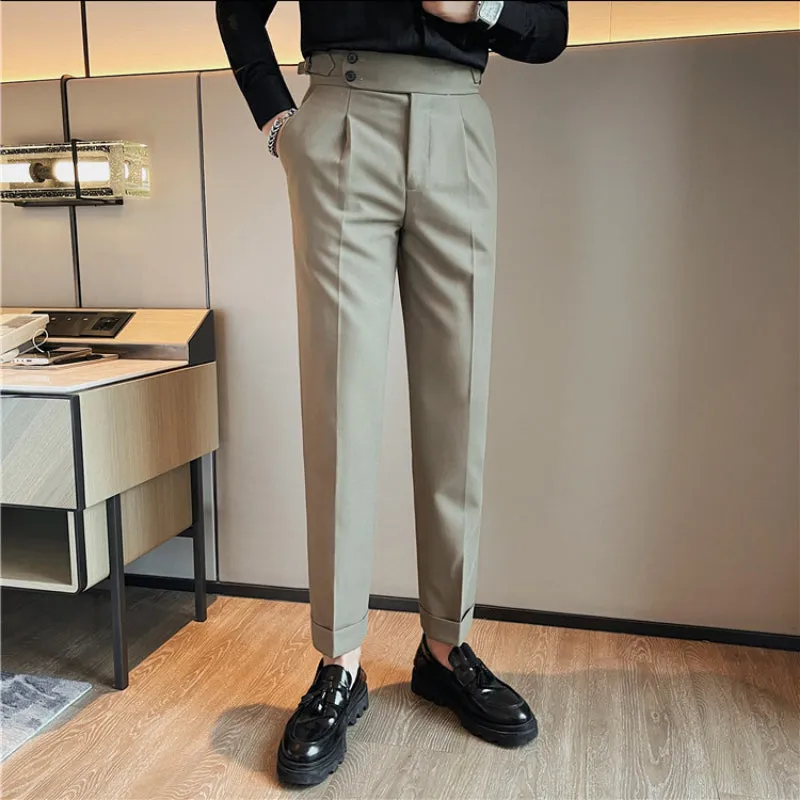 Mens Business Casual Slim Fit Dress Pants High Waist Straight Trousers