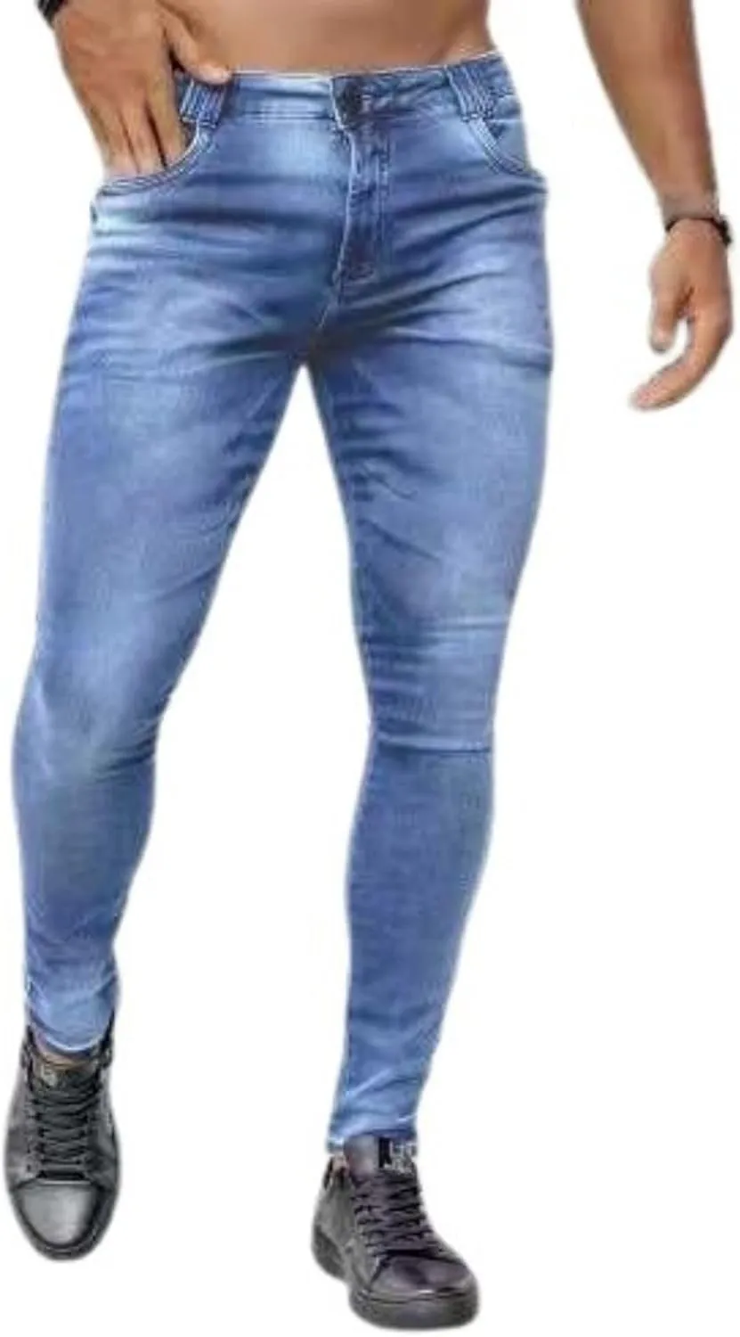 Men's Skinny Jeans Stretch Ripped Tapered Leg Slim-fit Denim Pants Stretch High Waist Elastic Pants