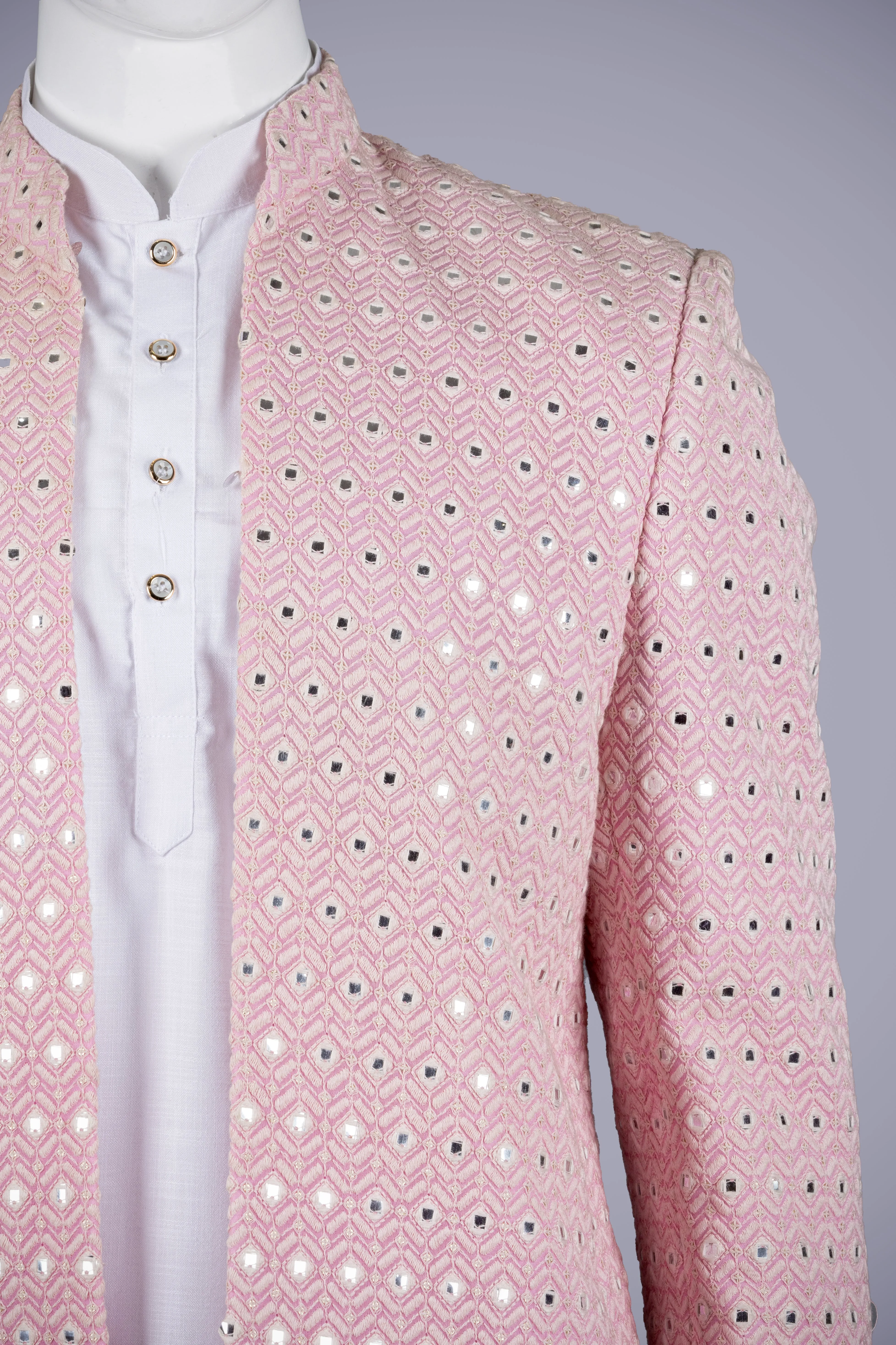 Pink Lakhnavi Jodhpuri Set with White Kurta & Pant
