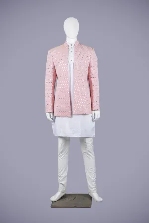 Pink Lakhnavi Jodhpuri Set with White Kurta & Pant