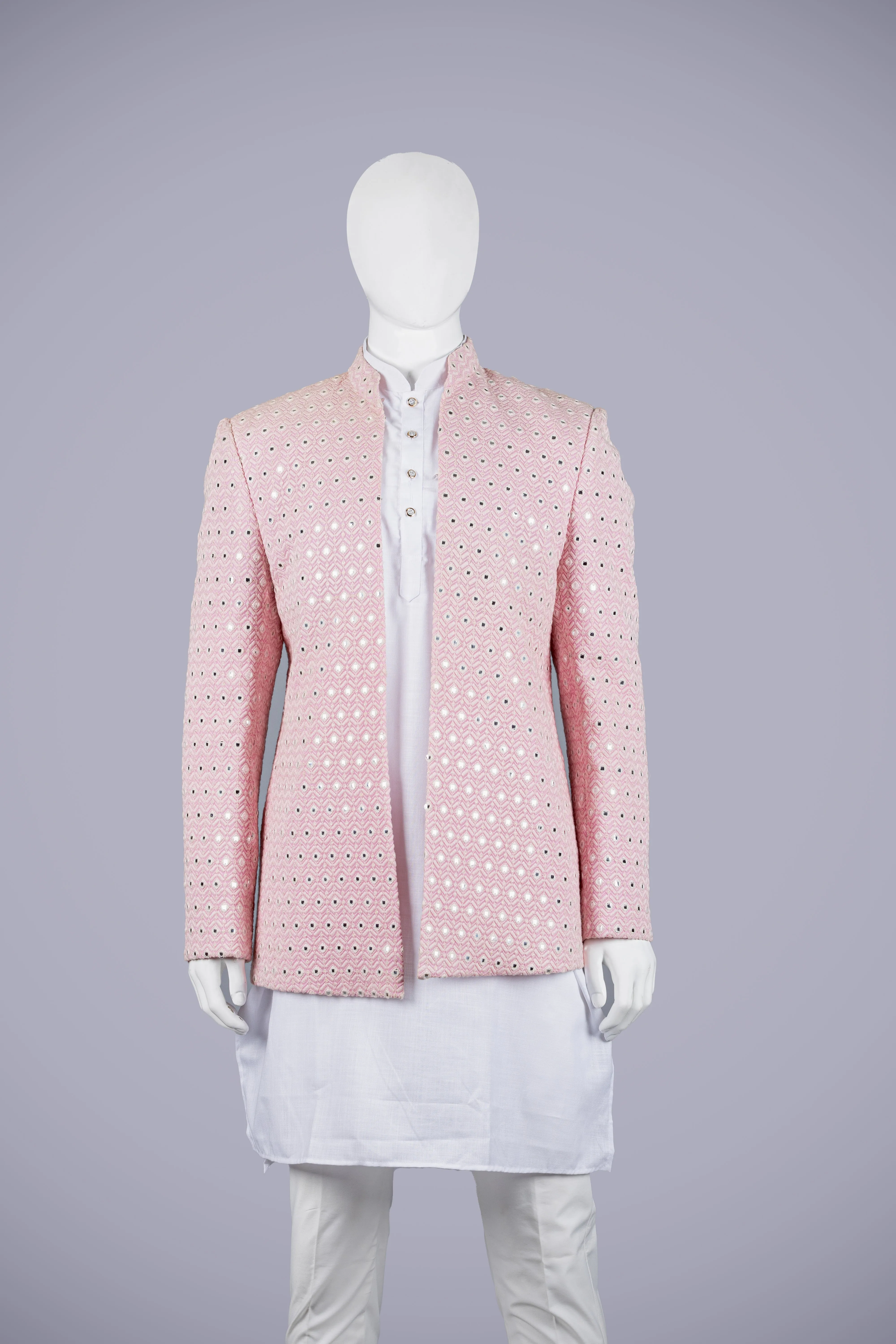 Pink Lakhnavi Jodhpuri Set with White Kurta & Pant