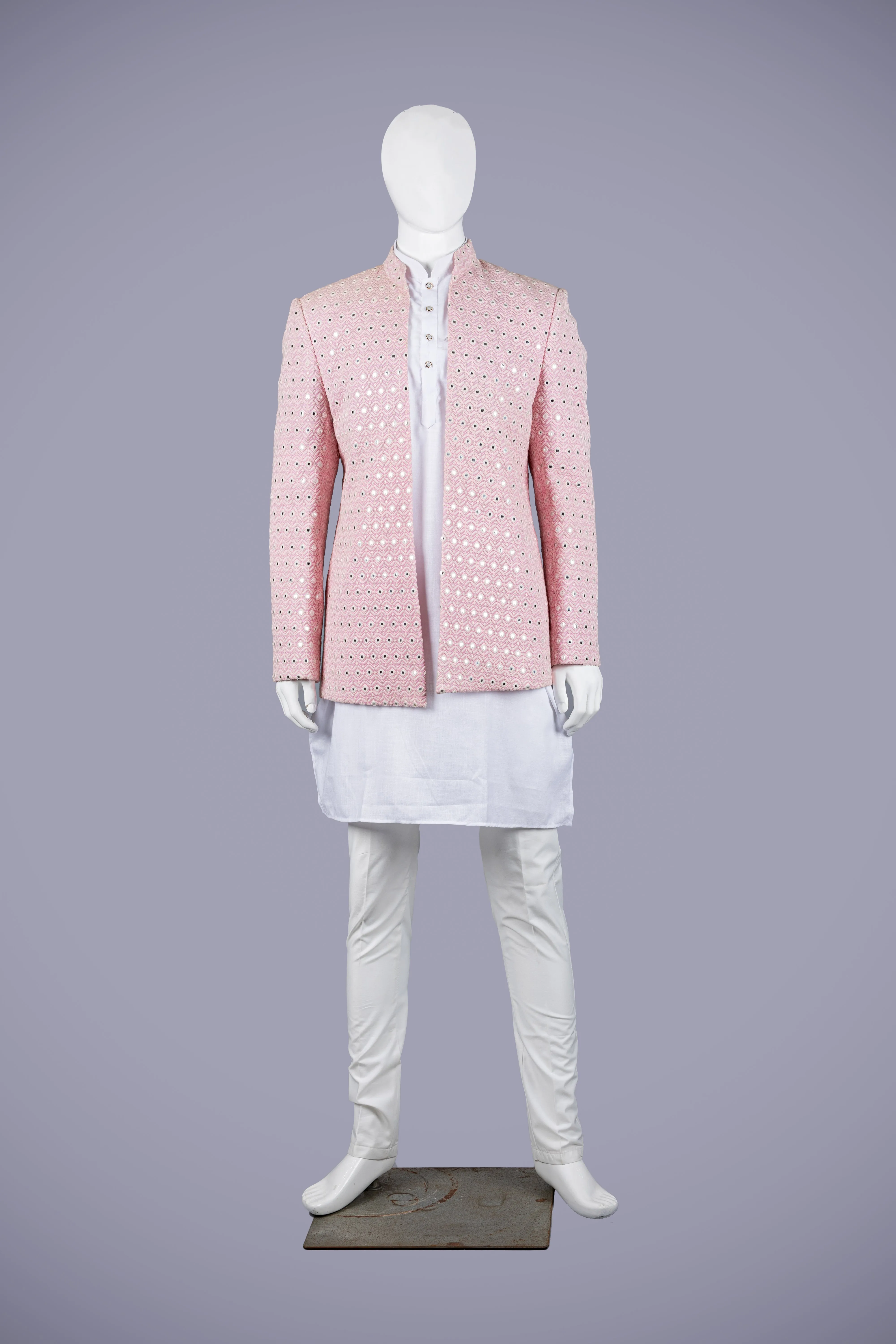 Pink Lakhnavi Jodhpuri Set with White Kurta & Pant