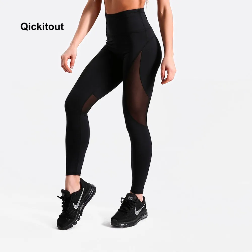 Qickitout High Waist leggings Fashion Solid Color Printed Mesh leggings Fitness Bodybuilding Clothes Body Solid Black Pants