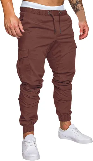 QWENTMTNTY Mens Cargo Pants Casual Elastic Waist Slim Fit Workout Joggers Big Tall Outdoor Hiking Cotton Sweatpants Pockets