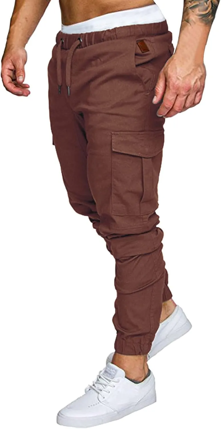 QWENTMTNTY Mens Cargo Pants Casual Elastic Waist Slim Fit Workout Joggers Big Tall Outdoor Hiking Cotton Sweatpants Pockets