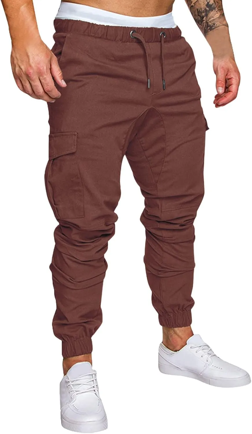 QWENTMTNTY Mens Cargo Pants Casual Elastic Waist Slim Fit Workout Joggers Big Tall Outdoor Hiking Cotton Sweatpants Pockets