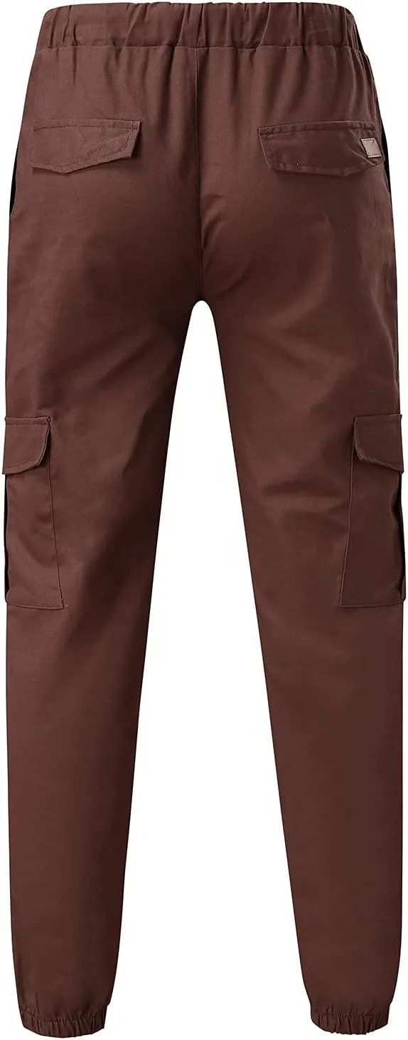 QWENTMTNTY Mens Cargo Pants Casual Elastic Waist Slim Fit Workout Joggers Big Tall Outdoor Hiking Cotton Sweatpants Pockets