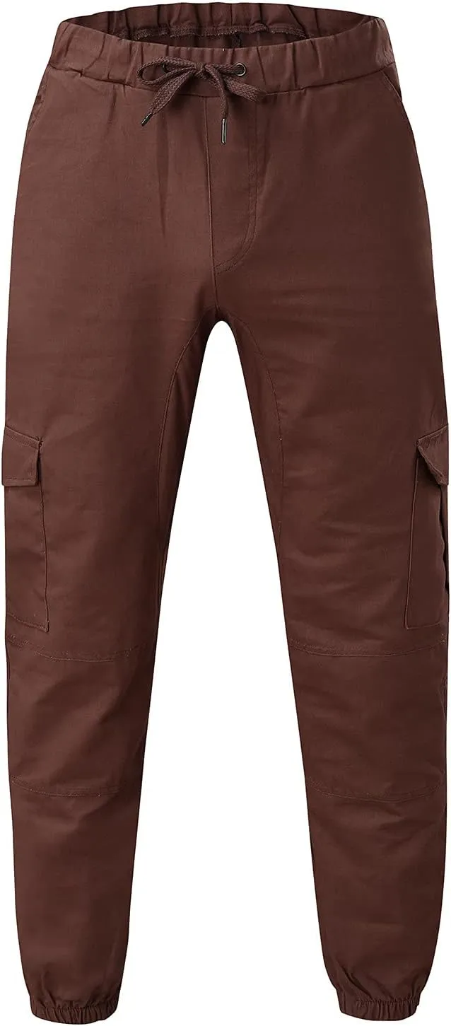 QWENTMTNTY Mens Cargo Pants Casual Elastic Waist Slim Fit Workout Joggers Big Tall Outdoor Hiking Cotton Sweatpants Pockets