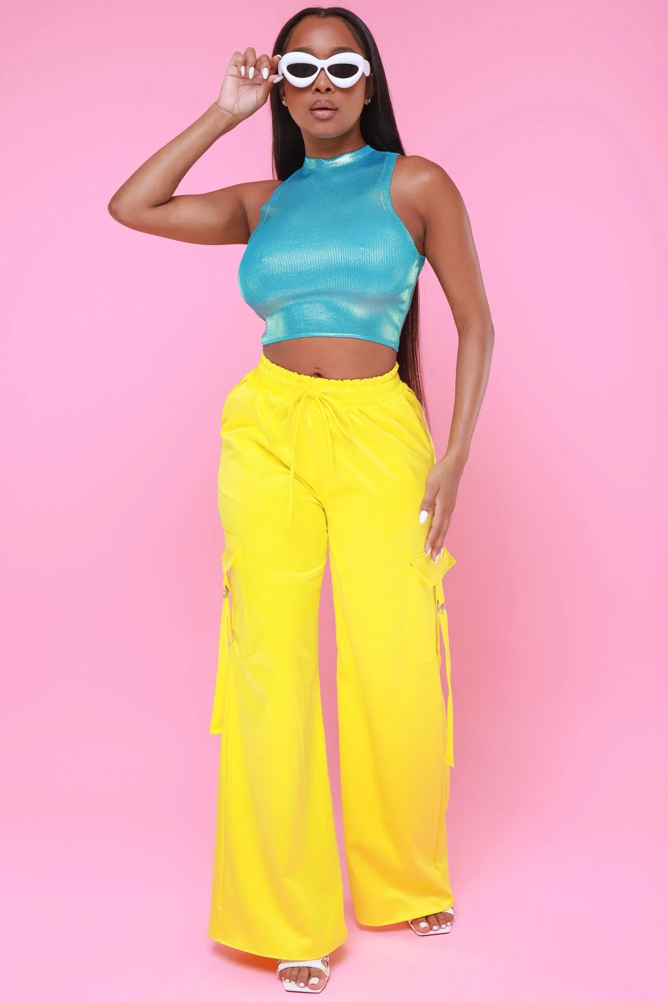 Satin Multi Pocket Long Cargo Pants - Yellow