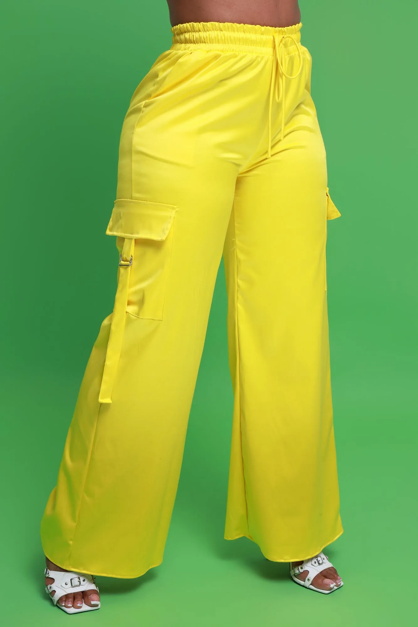 Satin Multi Pocket Long Cargo Pants - Yellow