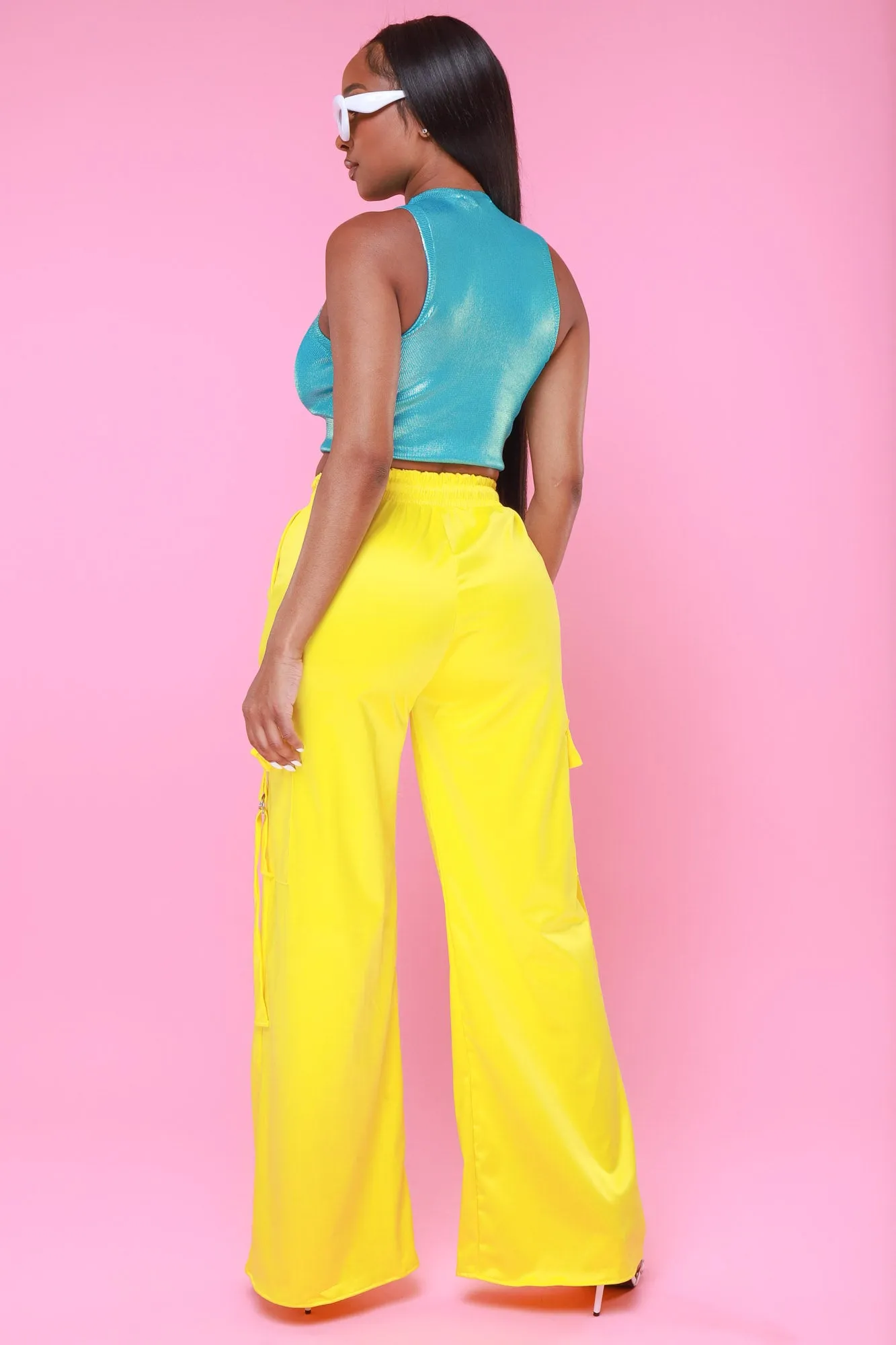 Satin Multi Pocket Long Cargo Pants - Yellow